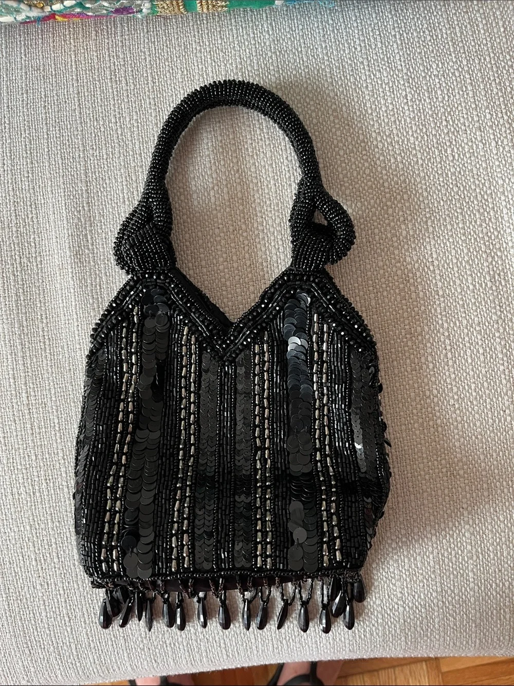 Zara Black Beaded Fringe Evening Wristlet